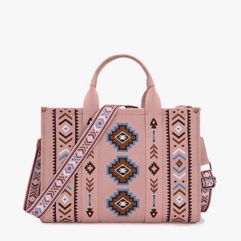 Boho Embroidered Pink Tote Bag with Detachable Strap